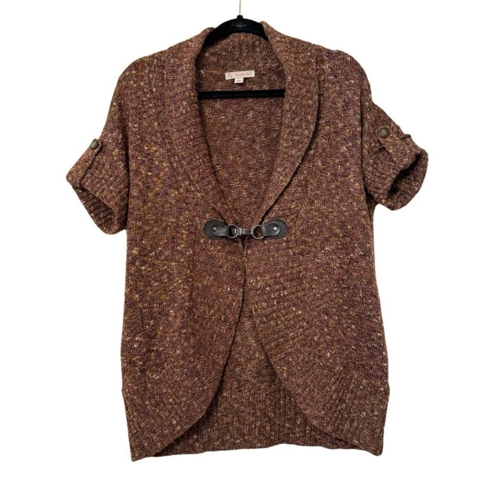Brown Marled Cozy Buckle Front Sweater Vest Cardigan L Shawl Collar Short Sleeve